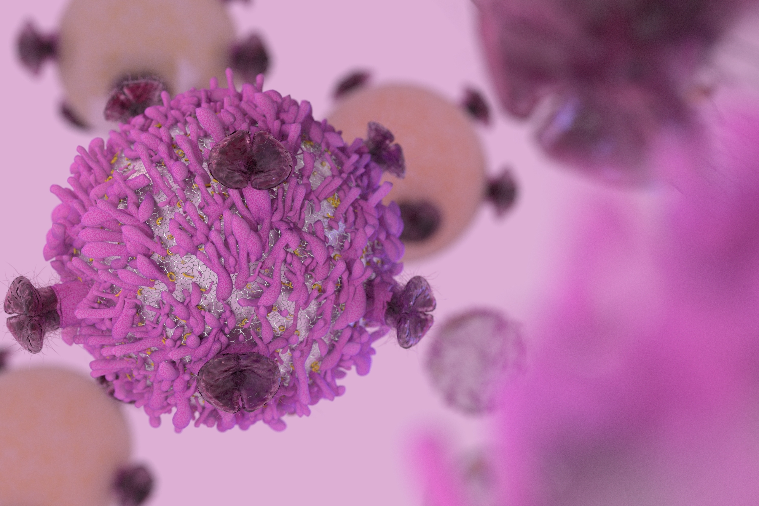 3D medical render of an immune T Cell lymphocyte with receptors for cancer cell immunotherapy research. The cell is round with six receptors on the surface.