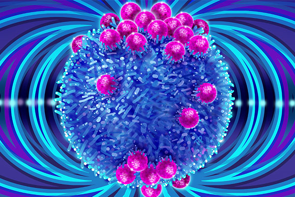 Abstract graphic of an immune cell in blue with purple aAPCs on it's surface.